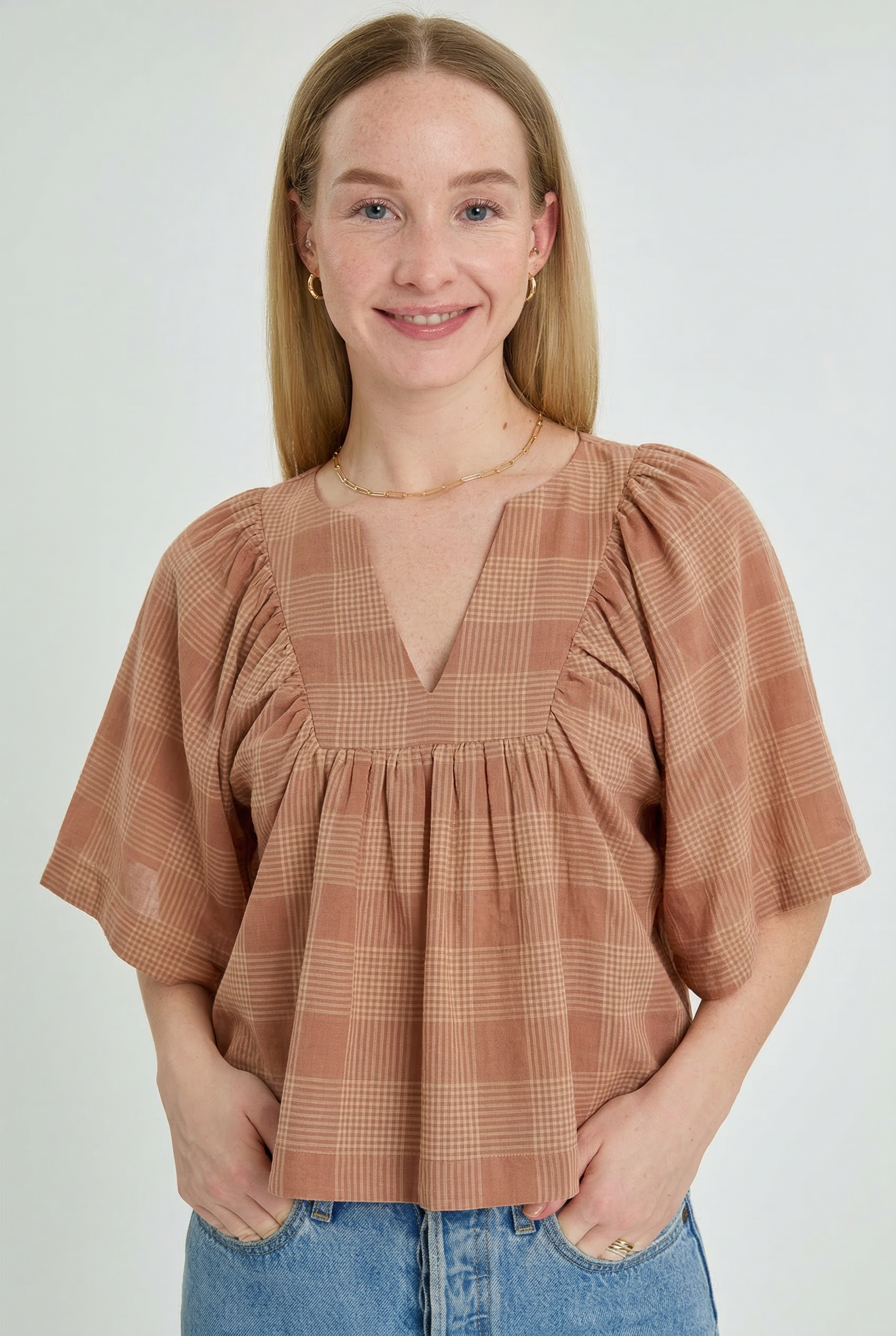 PEONY TOP IN DUSTY CHECKS