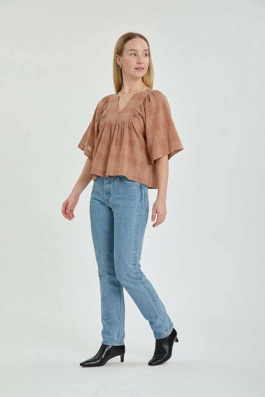 PEONY TOP IN DUSTY CHECKS